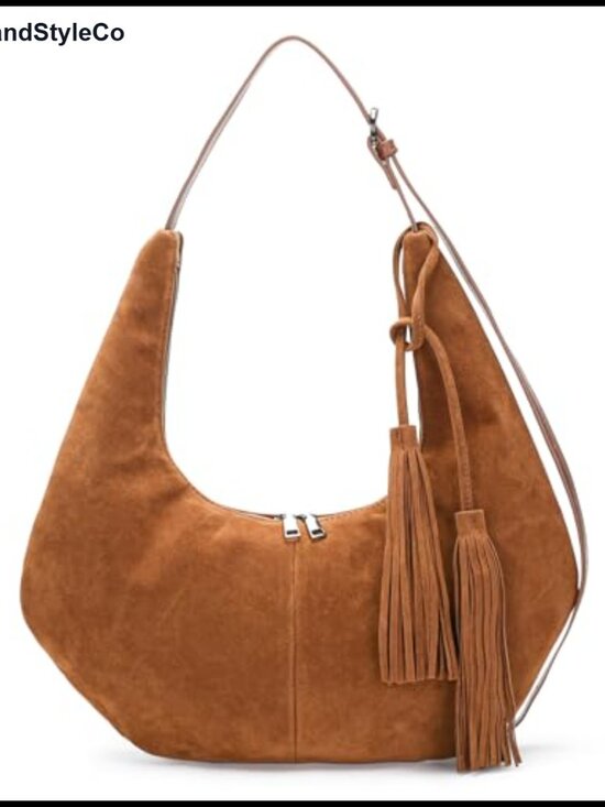Handbags - Faux Suede Tassel Slouchy Crescent Hobo Shoulder Bag Women